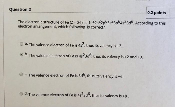 Solved Question 2 0.2 points The electronic structure of Fe | Chegg.com