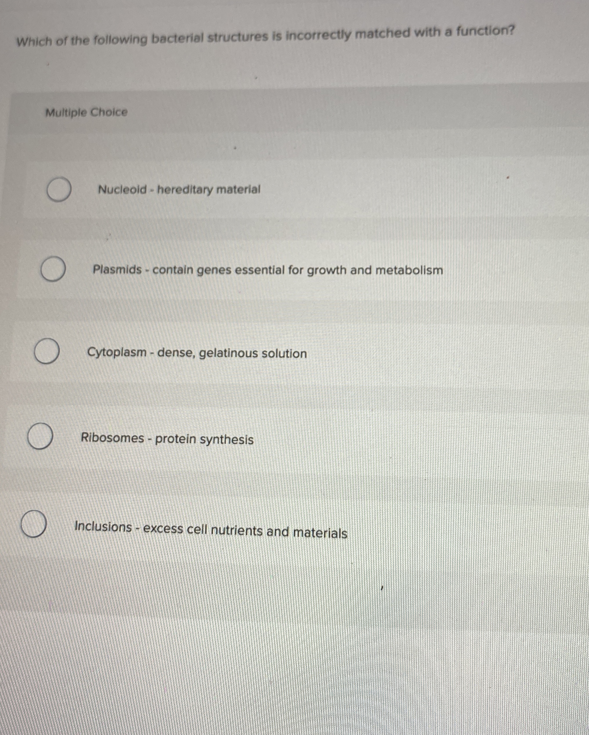 Solved Which of the following bacterial structures is | Chegg.com