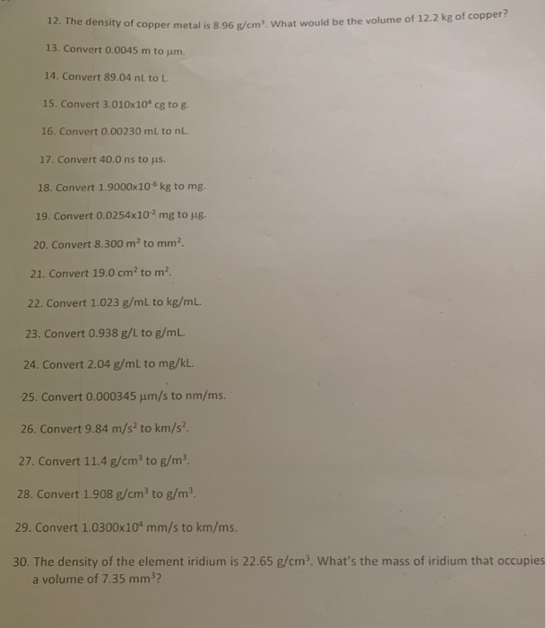 Solved ne density of copper metal is 8.96 /cm What would be