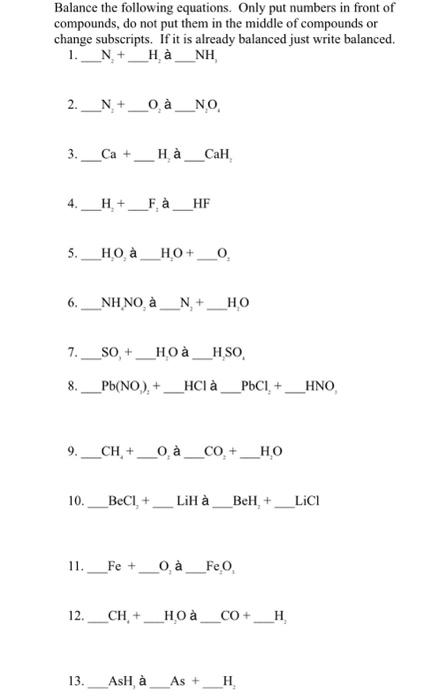 Solved Balance the following equations. Only put numbers in | Chegg.com