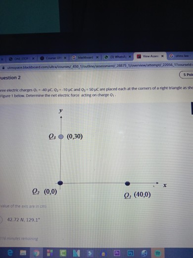 Solved Three Electric Charges Q1 40 Mc Q2 10 Mc An Chegg Com