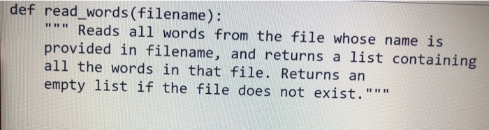 Read File Words Solved 11 11 11 def read_words (filename): Reads all words | Chegg.com