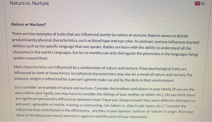 Medicinsk besværlige Kina Solved Nature vs. Nurture 40 40 Nature or Nurture? There are | Chegg.com