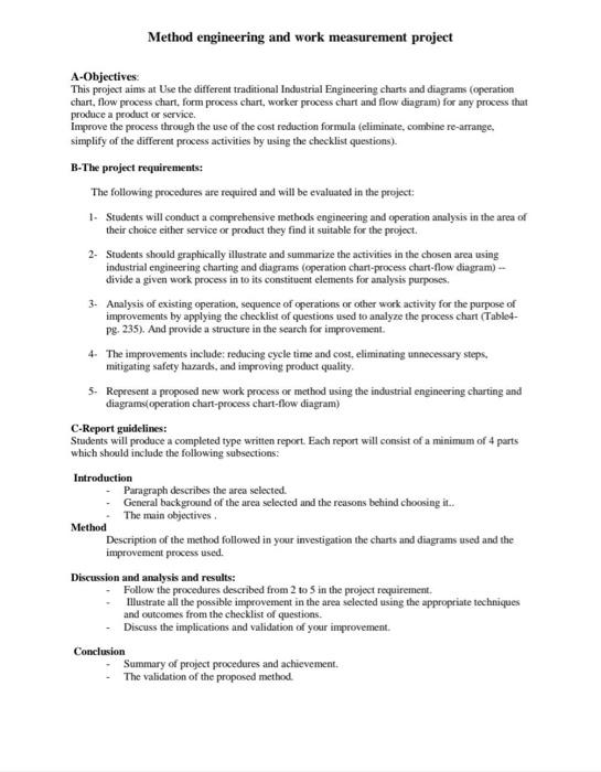 Method engineering and work measurement project | Chegg.com