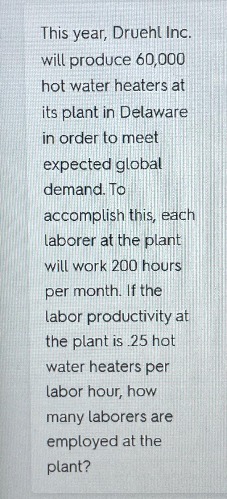 Solved This year, Druehl Inc. will produce 60,000 ﻿hot water