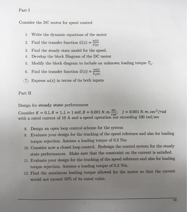 Solved Part I Consider the DC motor for speed control 1. | Chegg.com