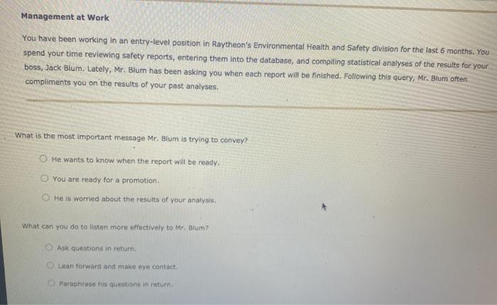 Solved Management at Work You have been working in an | Chegg.com