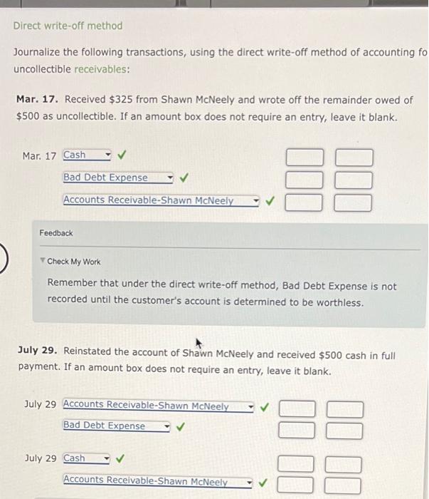 Solved Direct write-off method Journalize the following | Chegg.com