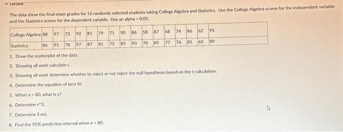 Solved Detans The data show the final exam grades for 16 | Chegg.com
