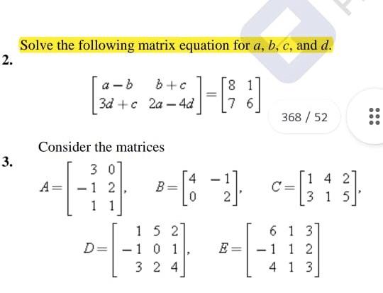 Solved Solve The Following Matrix Equation For A, B, C, And | Chegg.com