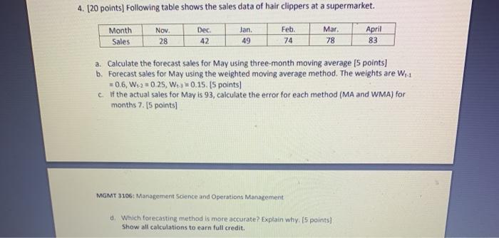 Solved 4. (20 points Following table shows the sales data of | Chegg.com