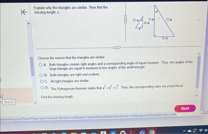 Solved Explain Why The Triangles Are Similar Then Find The 0262