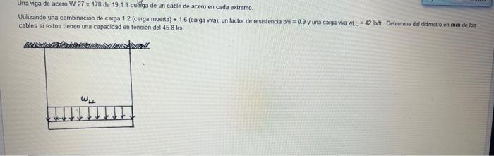 Una viga de acero W \( 27 \times 178 \) de \( 19.1 \mathrm{ft} \) cubigha de un cable de acero en cada extremo. Unilizando un