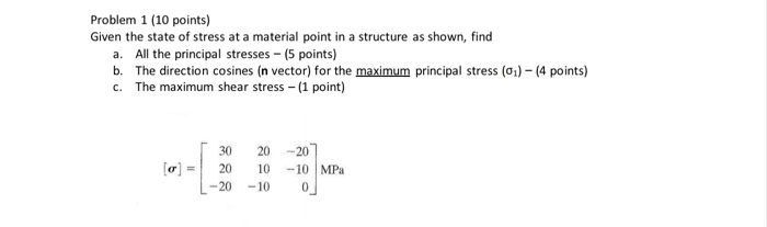 Solved Problem 1 (10 points) Given the state of stress at a | Chegg.com