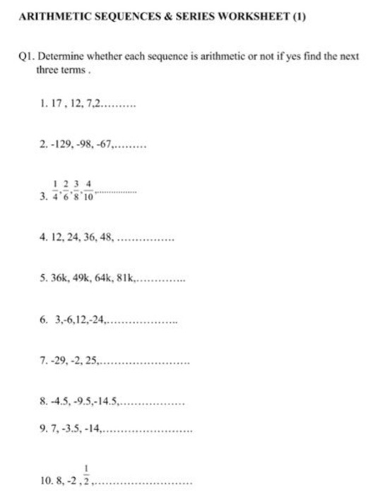 sum of arithmetic sequence worksheet pdf