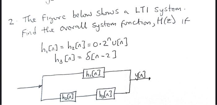 2. The Figure below shows a LTI systom. Find the overall system function, \( H(Z) \) if
\[
\begin{array}{c}
h_{1}[n]=h_{2}[n]