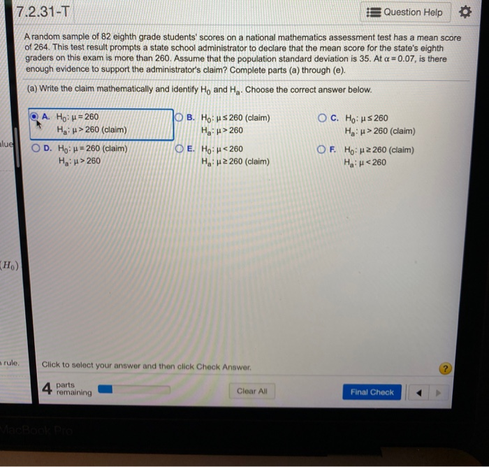 Solved 7.2.31-T Question Help A random sample of 82 eighth | Chegg.com