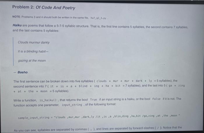 Solved Problem 2: Of Code And Poetry NOTE: Problems 3 and 4 | Chegg.com