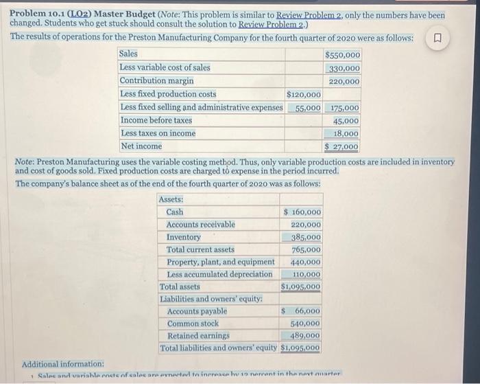 Solved Problem 10.1 (LO2) Master Budget (Note: This problem | Chegg.com