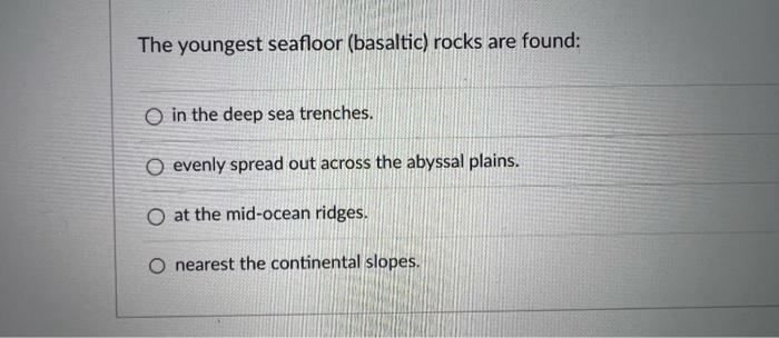 The youngest seafloor (basaltic) rocks are found: in | Chegg.com