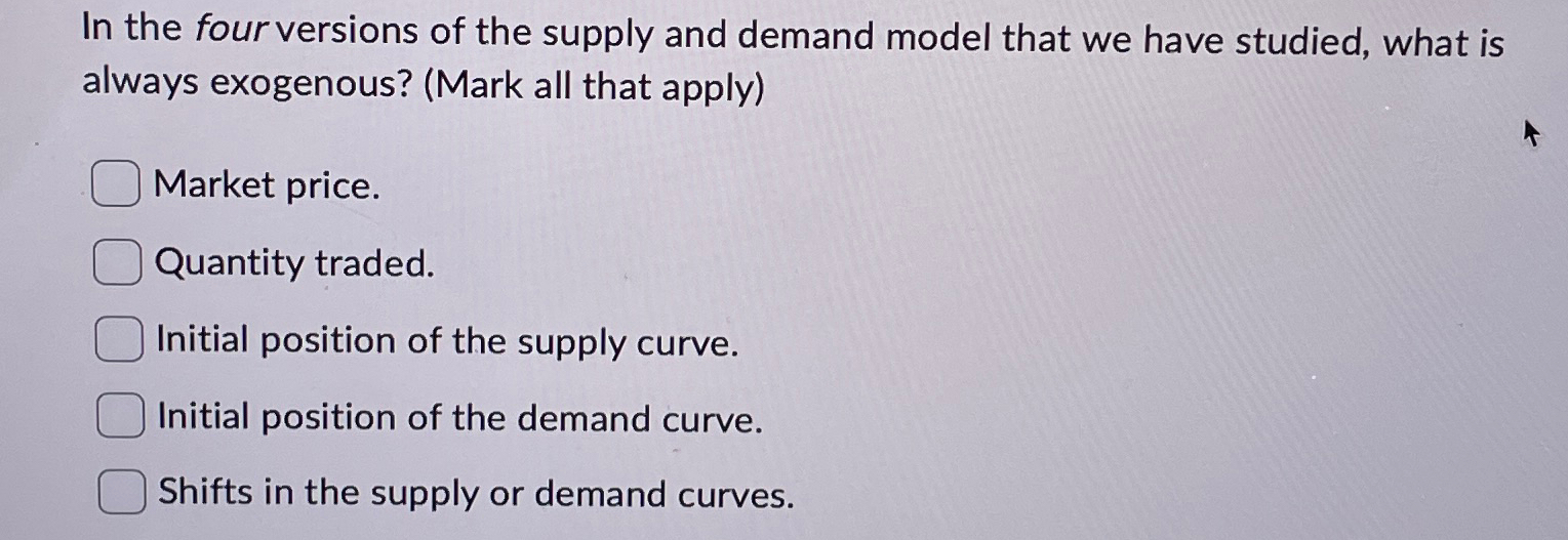 Solved In the four versions of the supply and demand model | Chegg.com