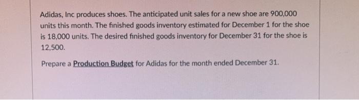 Solved Adidas, Inc produces shoes. The anticipated unit | Chegg.com
