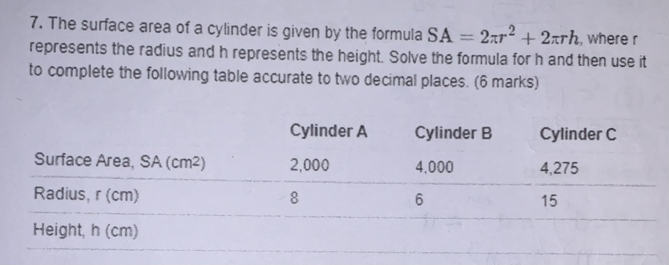Solved The surface area of a cylinder is given by the | Chegg.com