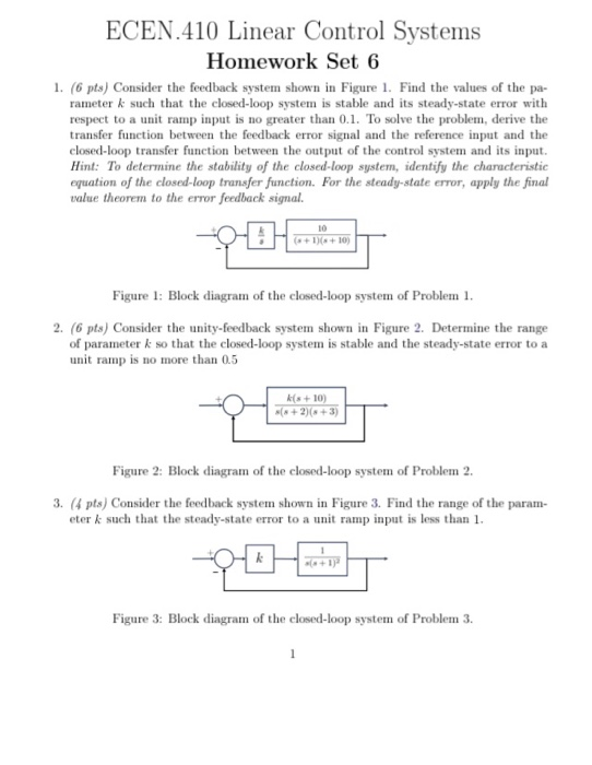 Solved ECEN.410 Linear Control Systems Homework Set 6 1. (6 | Chegg.com