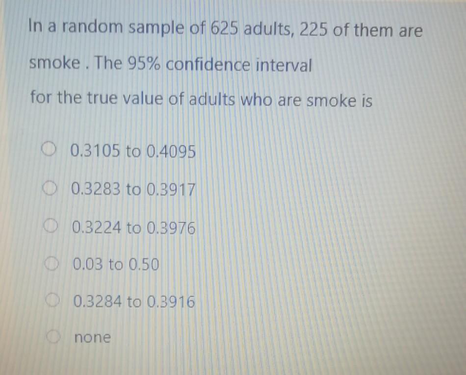 Solved In a random sample of 625 adults, 225 of them are | Chegg.com