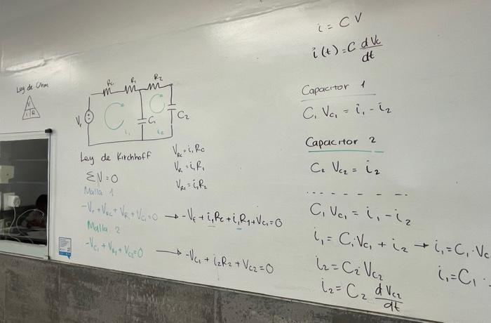 \[ \begin{array}{c} i=C V \\ i(t)=C \frac{d V}{d t} \end{array} \] Capacitor 1 \[ C_{1} V_{c_{1}}=i_{1}-i_{2} \] \[ \begin{ar