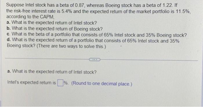 Solved Suppose Intel Stock Has A Beta Of 0.87 , Whereas | Chegg.com