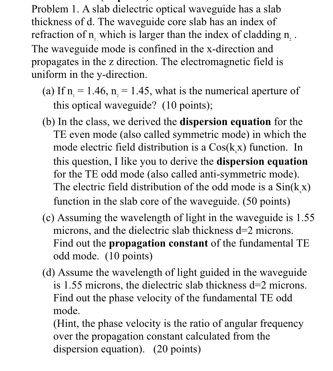 Solved Problem 1. ﻿A slab dielectric optical waveguide has a | Chegg.com