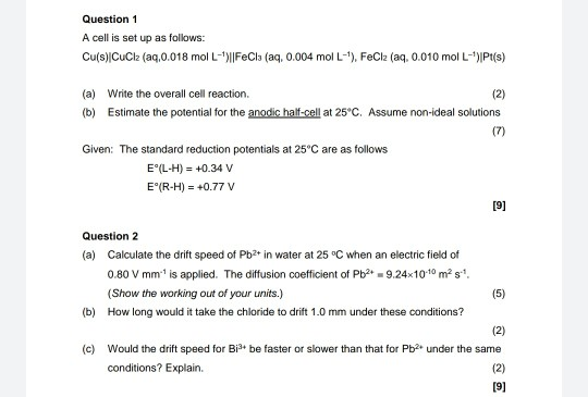 Solved Question 1 A Cell Is Set Up As Follows Cu S Cucl Chegg Com