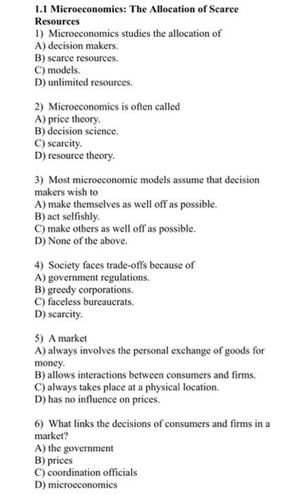 Solved 1.1 Microeconomics: The Allocation Of Scarce | Chegg.com