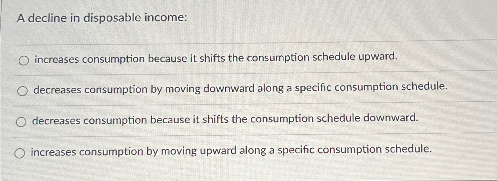 Solved A decline in disposable income:increases consumption | Chegg.com