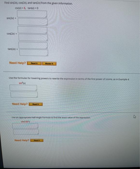 Find Sin 2x Cos 2x And Tan 2x From The Given Chegg Com