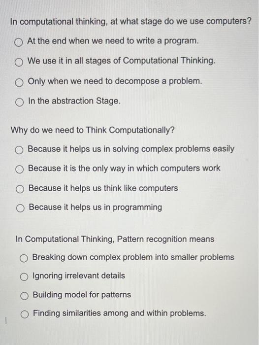 Solved In computational thinking, at what stage do we use | Chegg.com