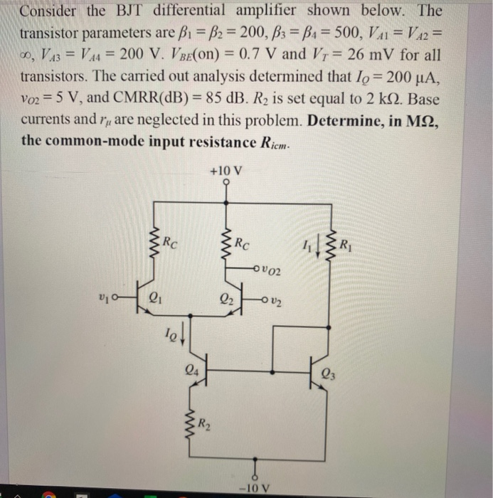 Solved Consider The BJT Differential Amplifier Shown Below. | Chegg.com