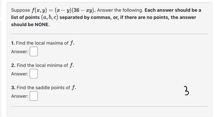 Solved Suppose F X Y X−y 36−xy Answer The Following