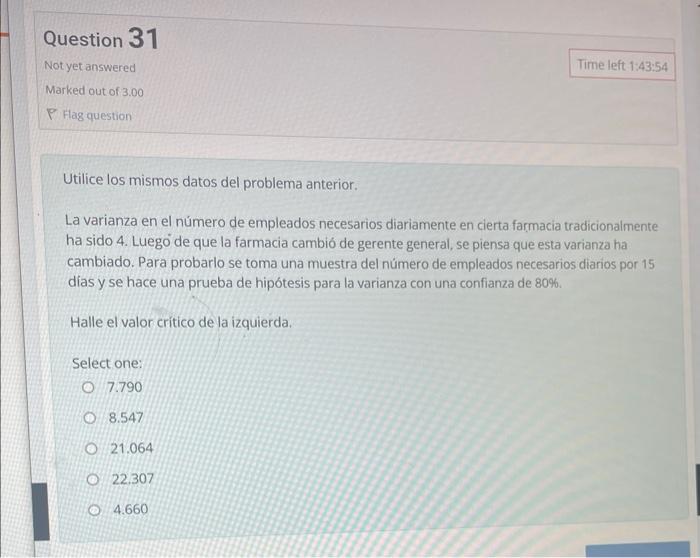 Utilice los mismos datos del problema anterior. La varianza en el número de empleados necesarios diariamente en cierta farmac