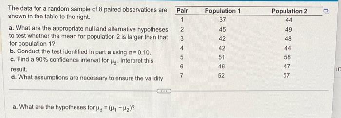 Solved The data for a random sample of 8 paired observations | Chegg.com