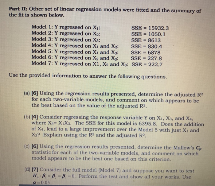 Part II: Other set of linear regression models were | Chegg.com