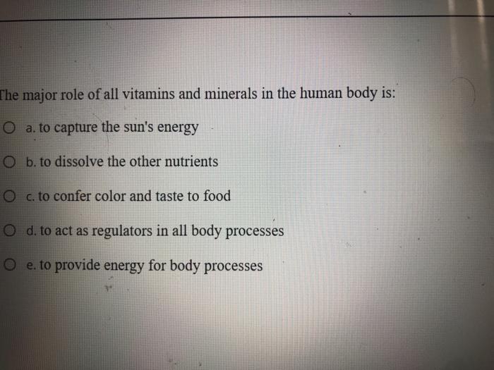 Solved The Major Role Of All Vitamins And Minerals In The Chegg