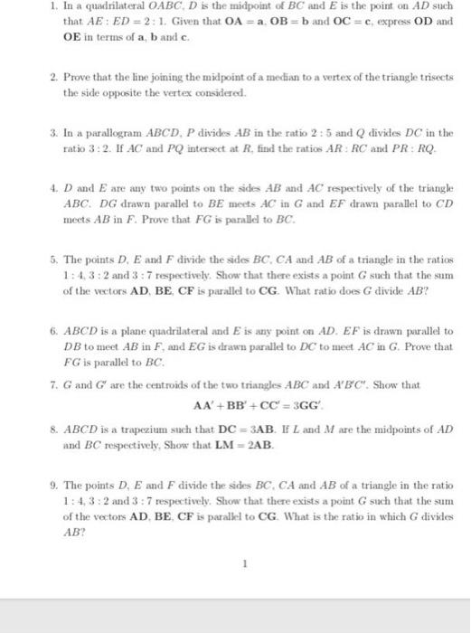 1. in a quadrilateral oabc d is the midpoint of bc and e is the point on ad such that ae: ed =