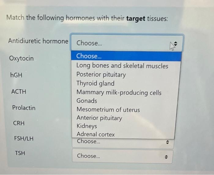 Solved Match the following hormones with their target | Chegg.com