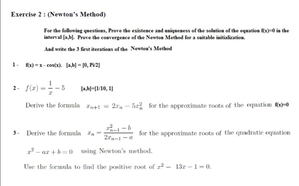 Solved Exercise 2: (Newton's Method) For the following | Chegg.com