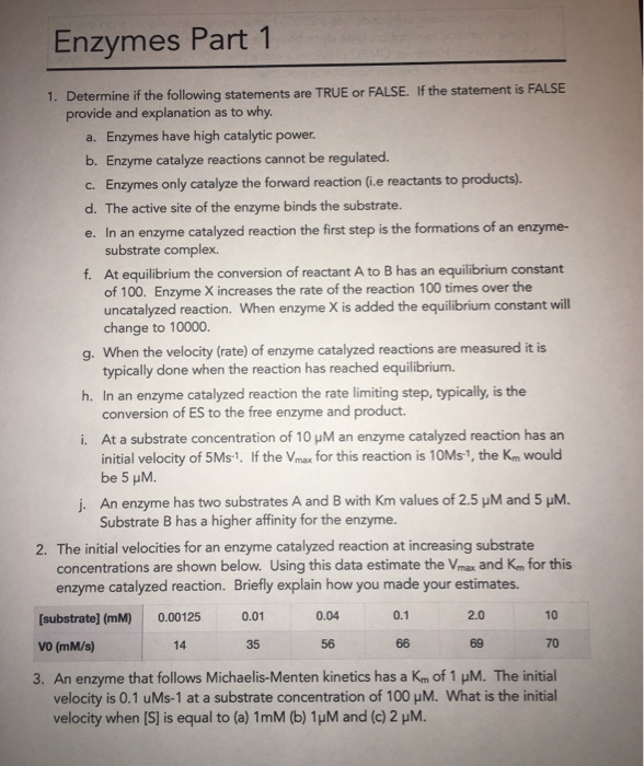 Solved Enzymes Part 1 1. Determine If The Following State