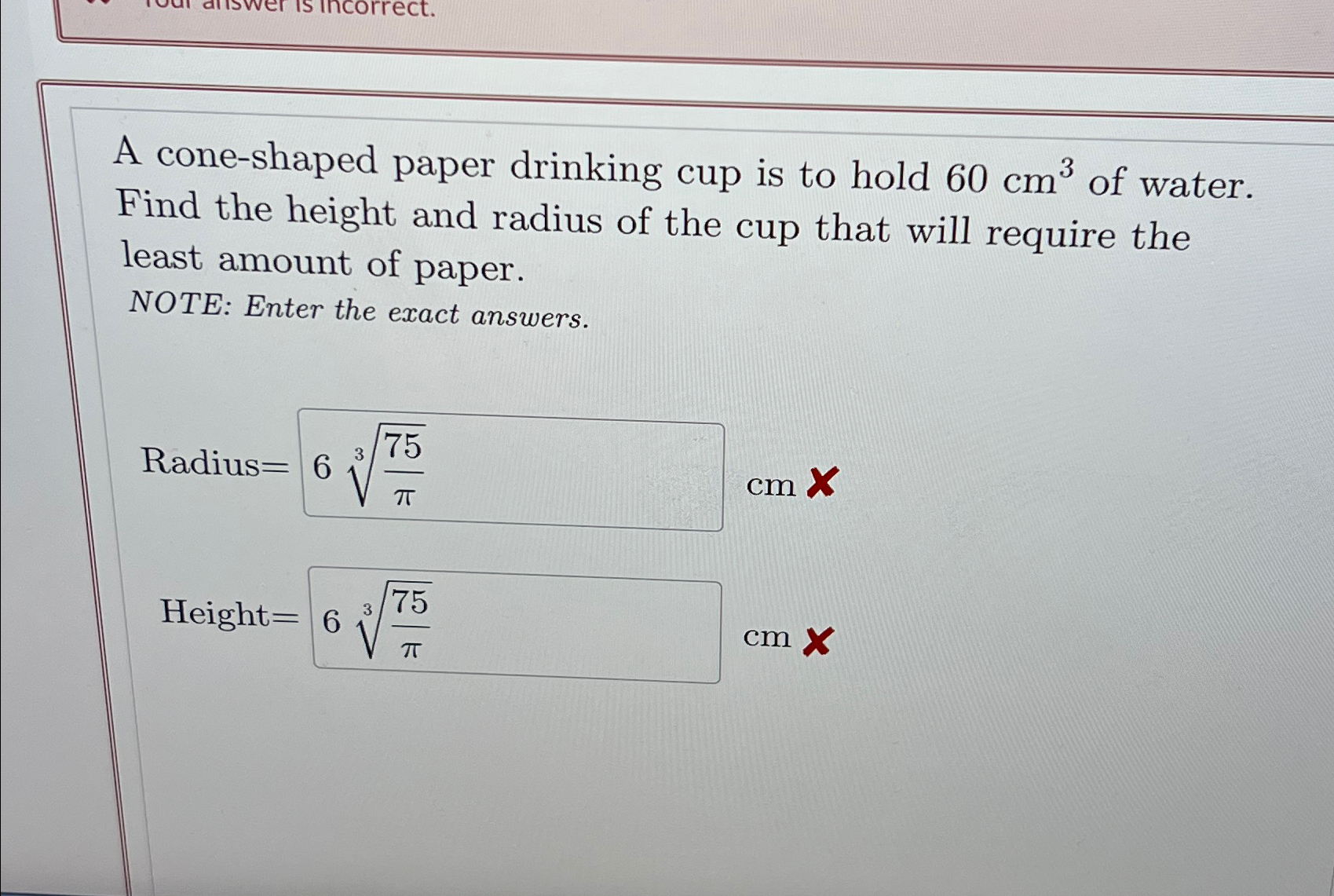 Solved A cone-shaped paper drinking cup is to hold 60cm3 ﻿of | Chegg.com