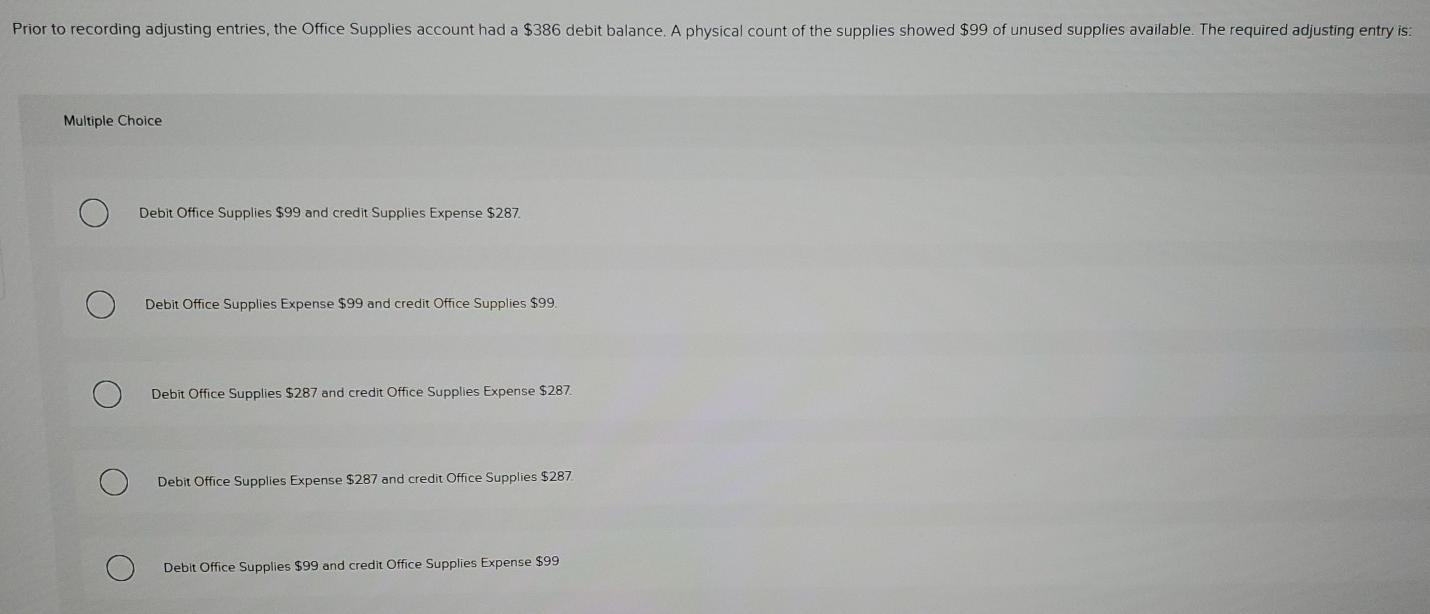 Solved Prior to recording adjusting entries, the Office