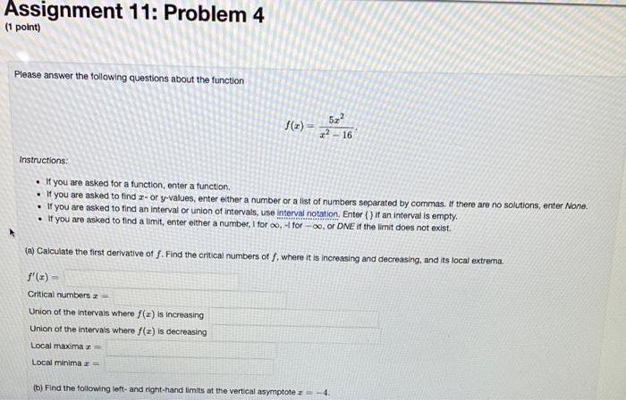 Solved Assignment 11: Problem 4 (1 point) Please answer the | Chegg.com